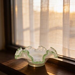 Vintage Fenton Emerald Crest Ruffled Milk Glass Bon Bon Dish, Circa 1949-1953